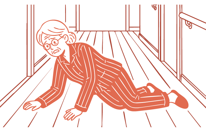 夜間に転倒して動けず困っている様子